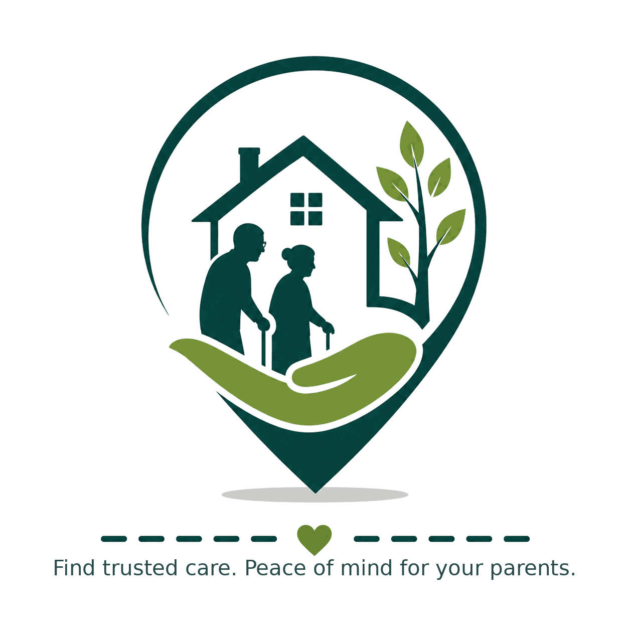 An elderly couple at home within a location pin, cradled in an open hand beside a growing tree — find trusted care, peace of mind for your parents.